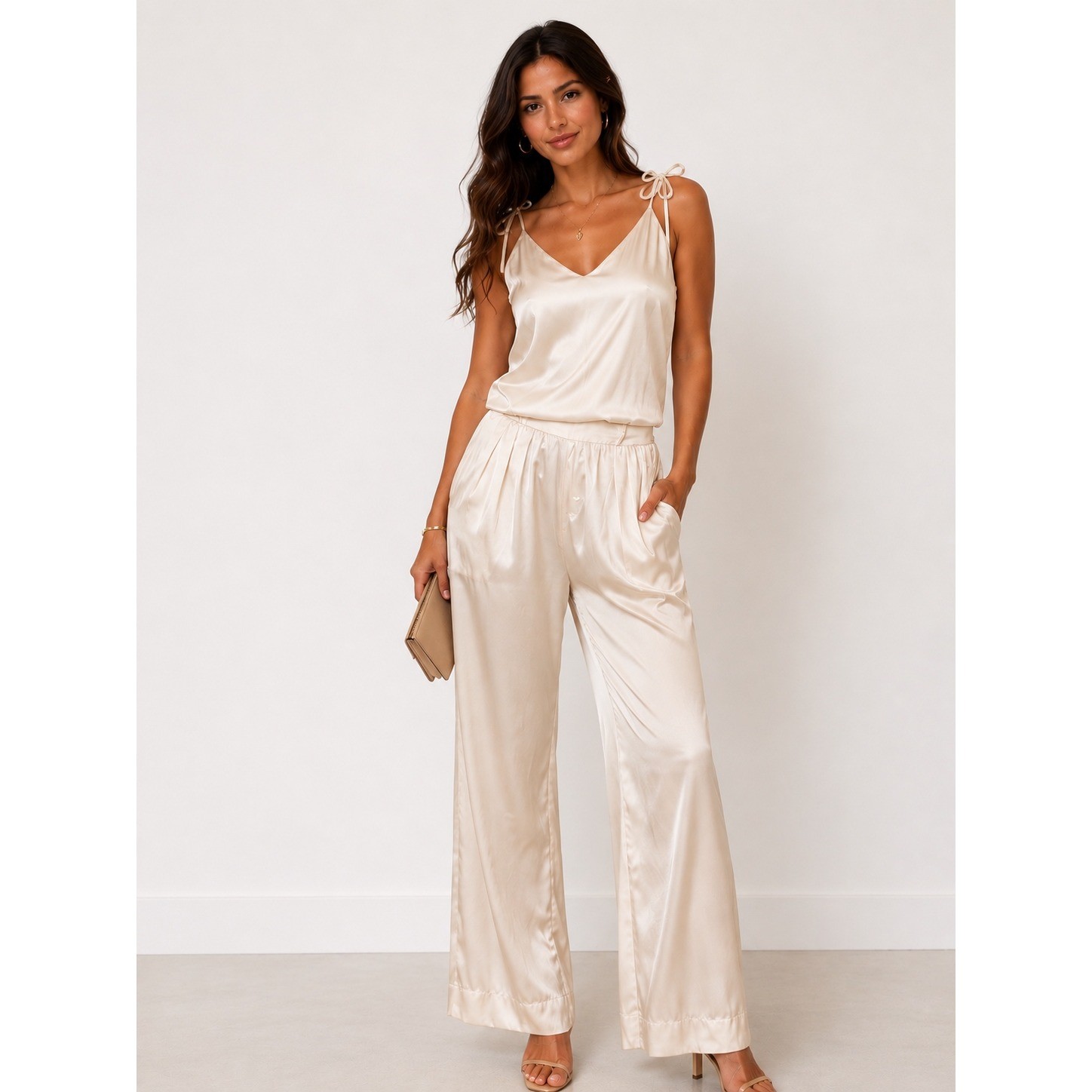 NWT Capulet Champagne Satin Jumpsuit Set Women S/M Wide Leg Tie Strap