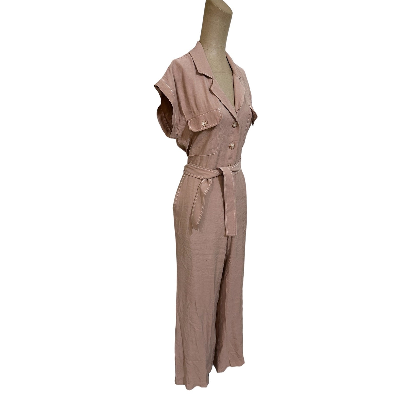 L’Academie Revolve Jumpsuit Fia Belted Taupe Wide Leg Crop Short Sleeve Small