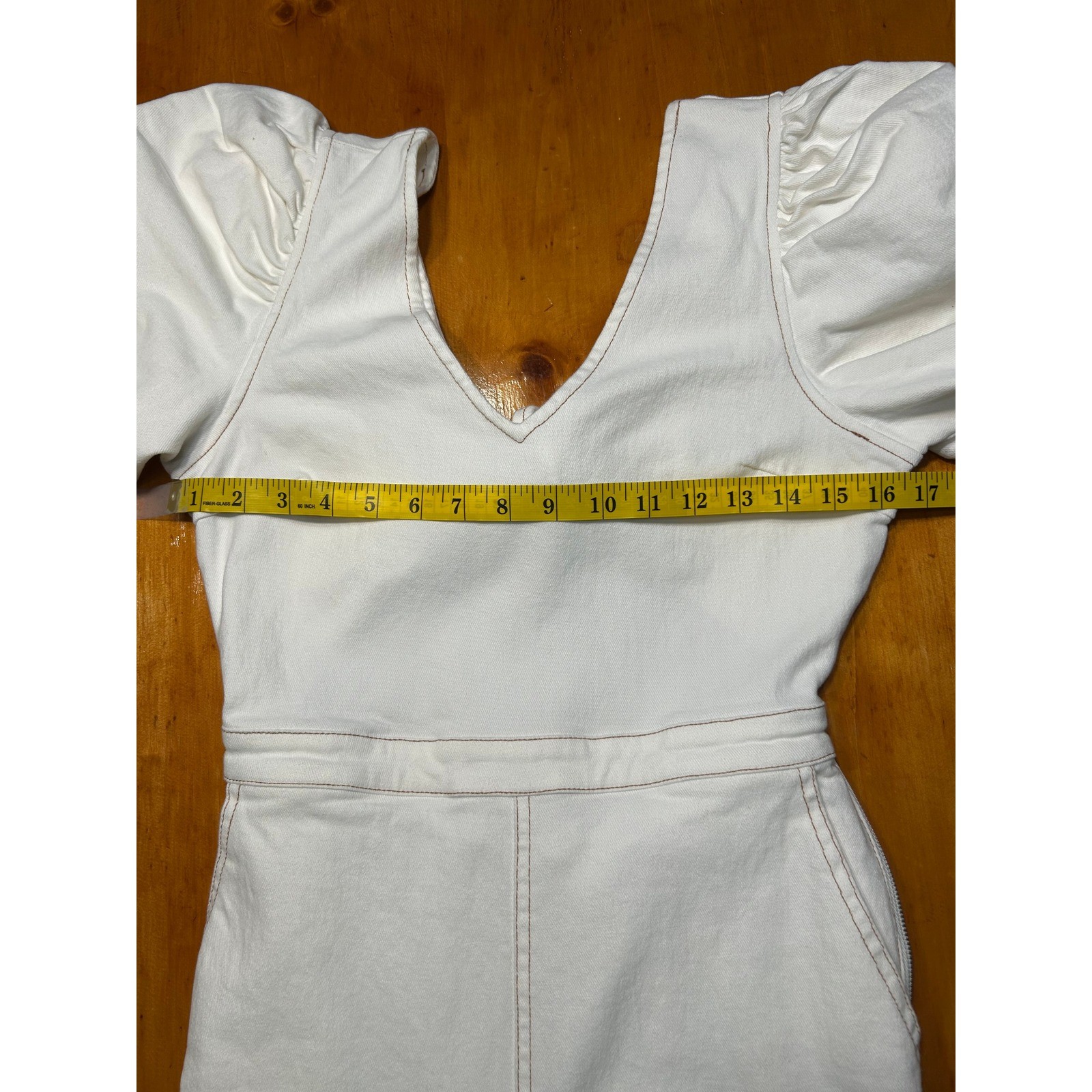 Vestique Honeymoon Jumpsuit Cream Denim Wide Leg Puff Sleeve Tie Back Cutout