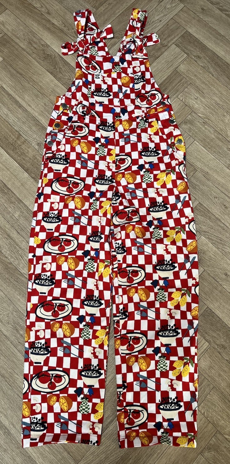 Lucy & Yak Dungarees Size 8 R Italian Food Breakfast Eggs Red Organic Cotton