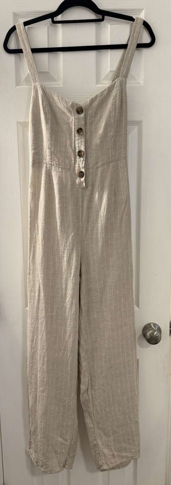 Cami Button-Front Stripped Linen blend Jumpsuit Boho Back Tie Beige Sz M ECU
