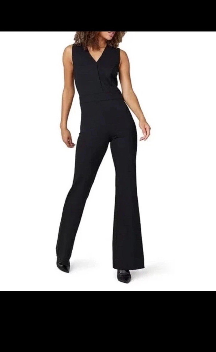 SPANX Perfect Jumpsuit Black V Neck Sleeveless One Piece Ponte Flare Pants Sz M