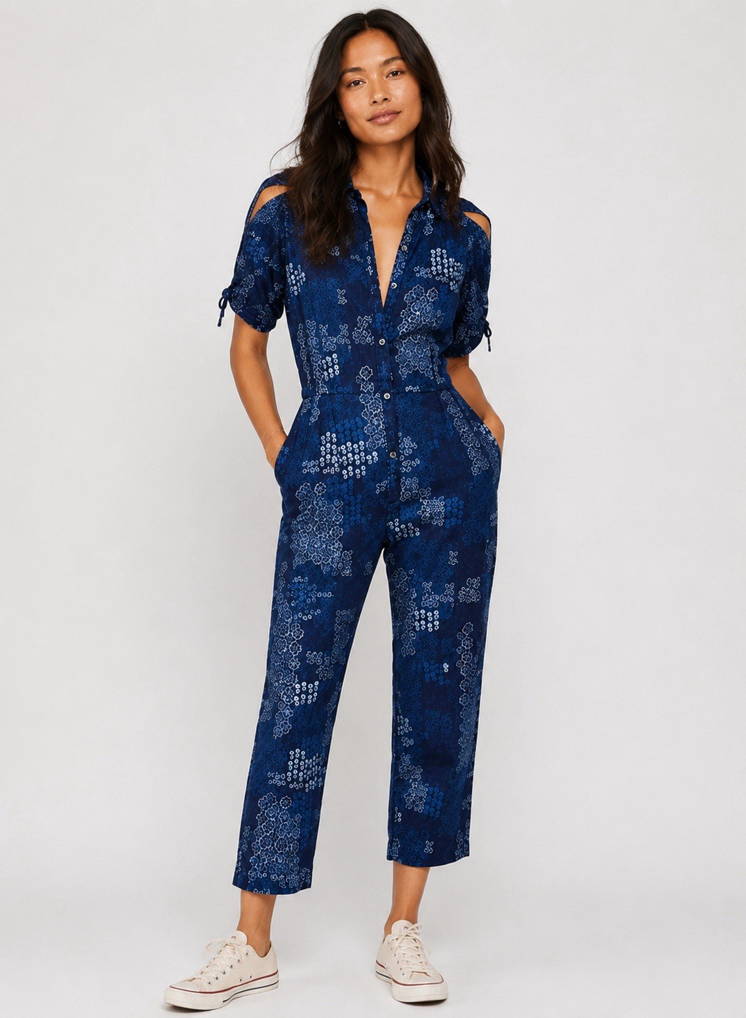Free People Indigo Daze Printed Chambray Jumpsuit Button Front Pockets Medium