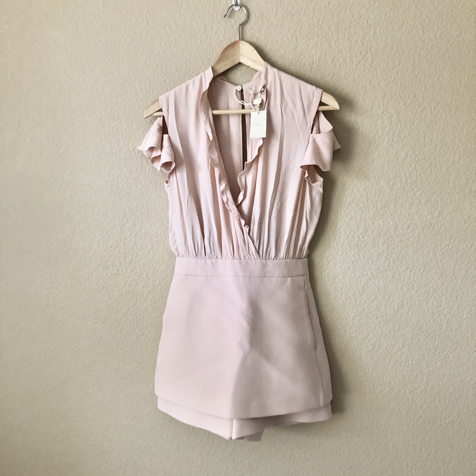 $415 NWT Maje Ruffled Pink Acetate Silk Romper Playsuit Size 36 Xs/small