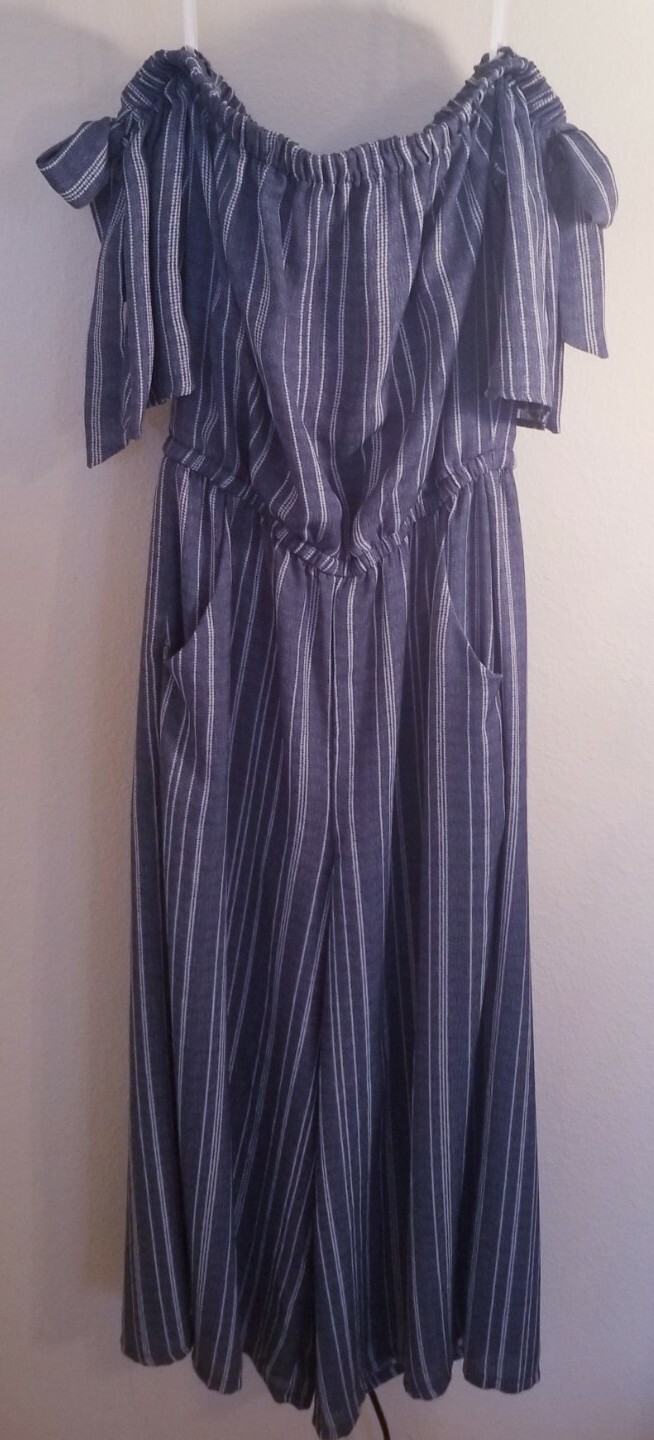 AUW Jumpsuit Blue White Stripes Elastic Waist Wide Legs Off Shoulder Size 6