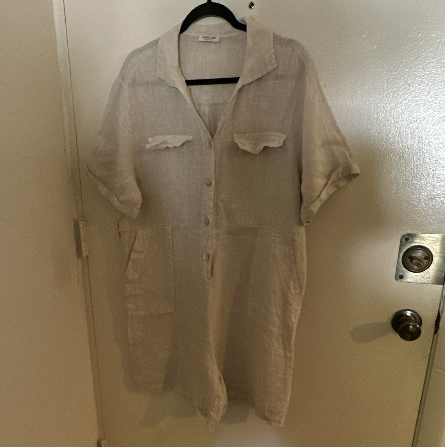 Puro Lino Beige Linen Collared Button-Front Pockets Romper O/S 23P059