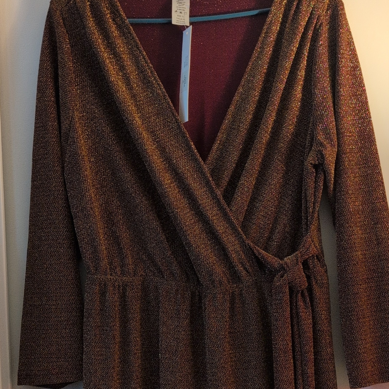 SOLID & CHIC Women’s XL Wrap Jumpsuit Brown Gold Metallic Long Sleeve Tie Knit