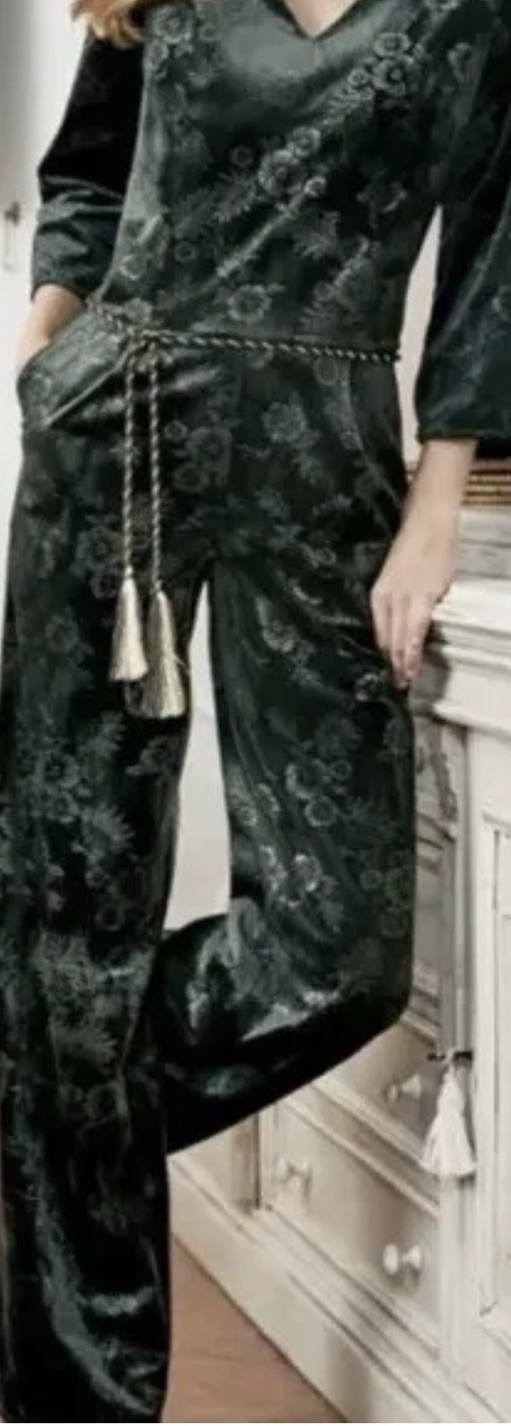 Soft Surroundings Forest Green Velvet Floral Belted Jumpsuit Size S