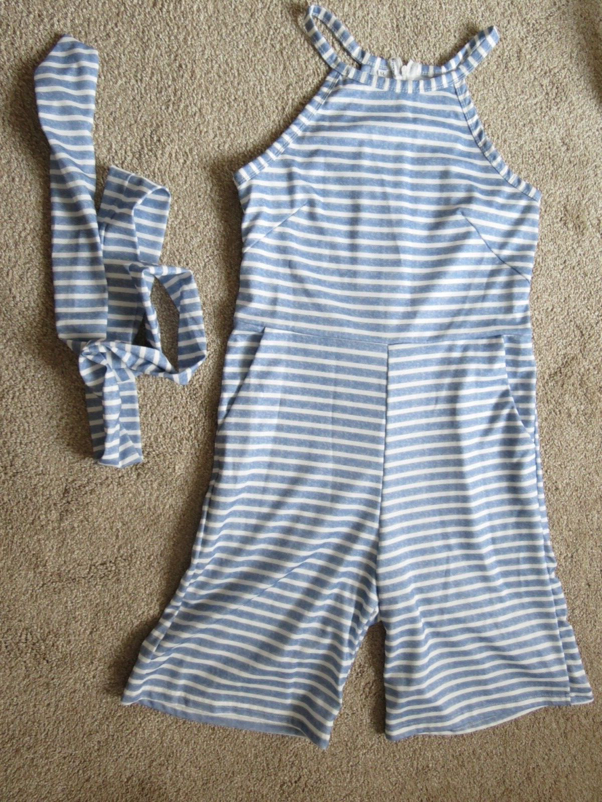 LIGHT BLUE & WHITE STRIPED SHORTS ROMPER WITH TIE BELT – SIZE M