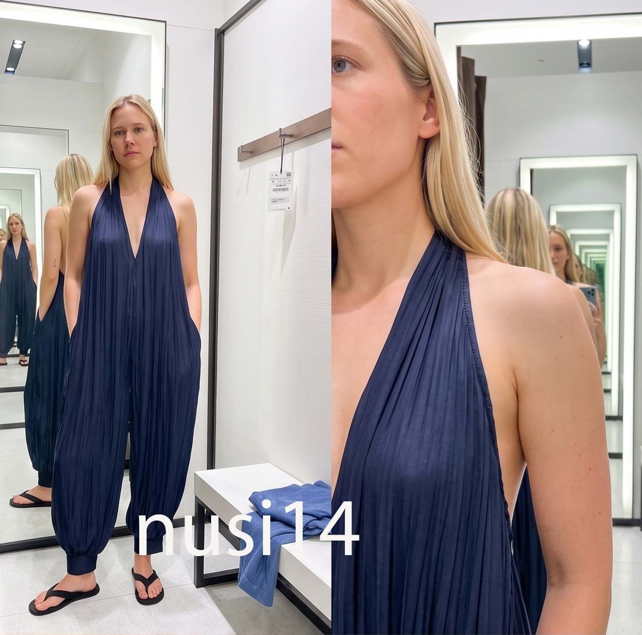 ZARA NEW WOMAN ZW BALLOON SATIN EFFECT HALTER JUMPSUIT NAVY BLUE 2223/098/401