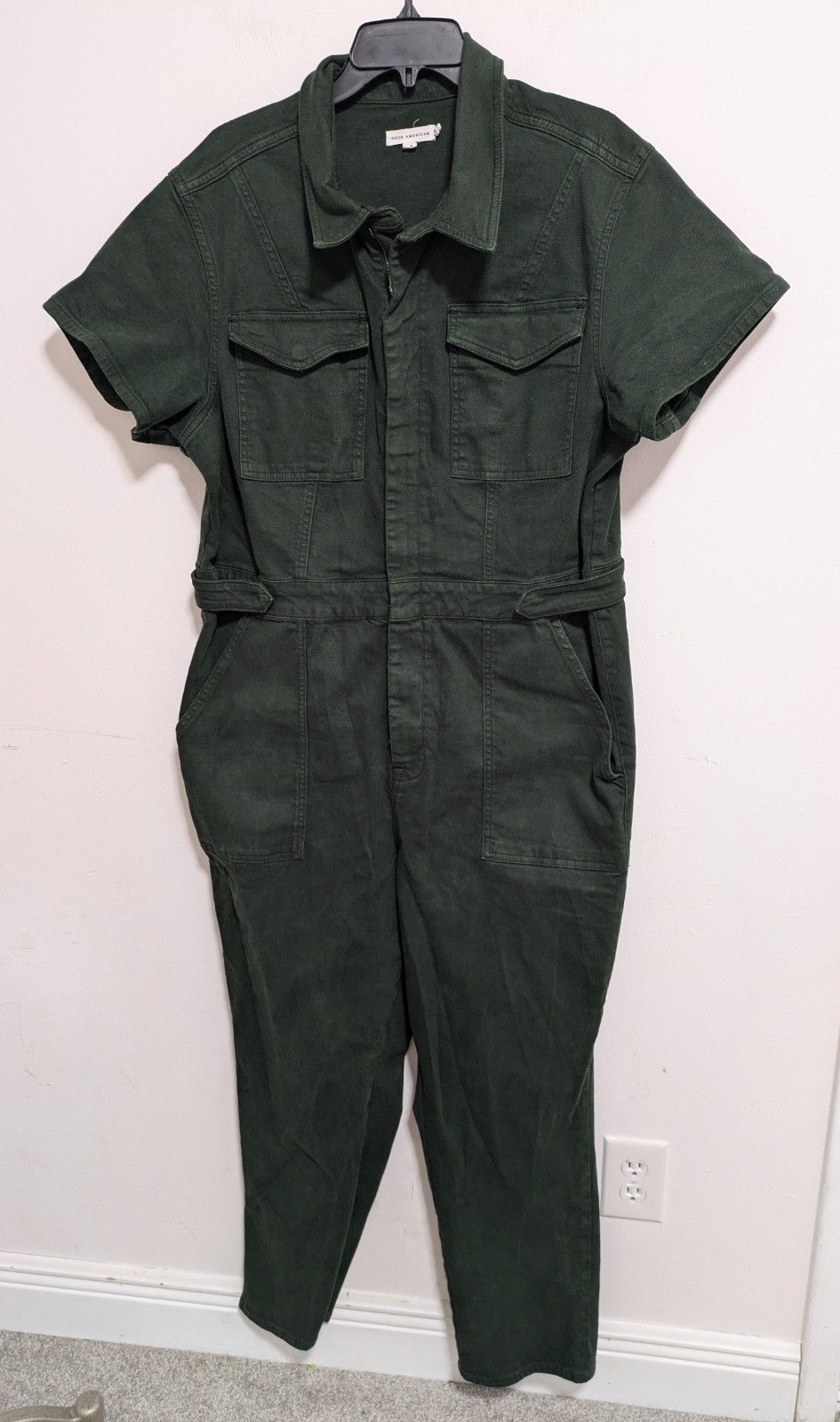 GOOD AMERICAN Womens Denim Jumpsuit Green Sz 3 Stretch Utility Grunge Zipper