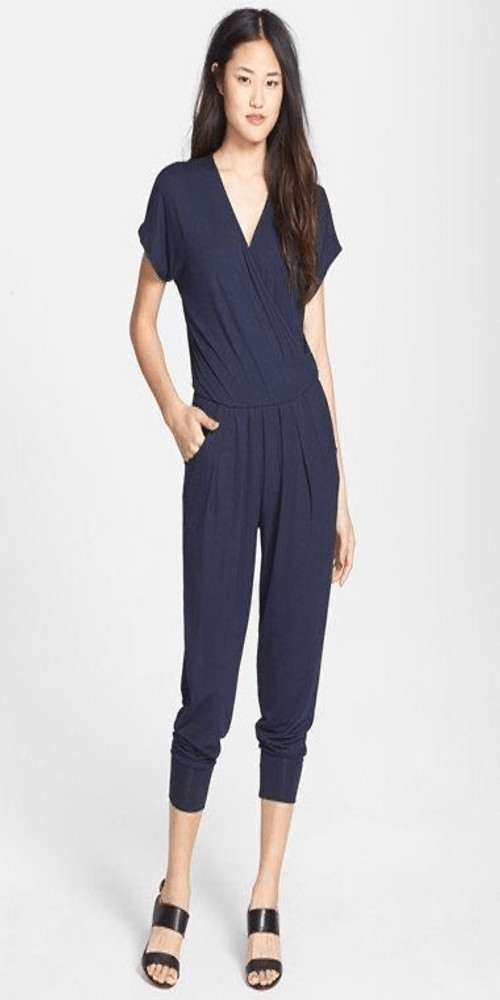 NEW Loveappella Navy Jersey Knit Short Sleeve Jogger Style Jumpsuit Sz M Casual
