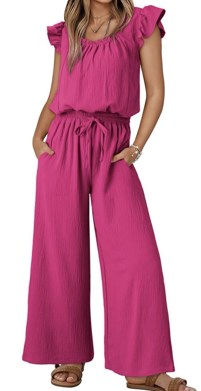 Dokotoo Women’s XL Pink Wide-Leg Jumpsuit Ruffle Sleeve Scoop Neck with Pockets