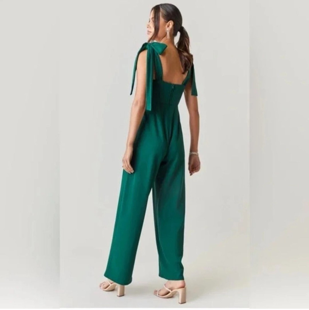 NEW Audrey Parks Francesca’s Emerald Green Shoulder Tie Jumpsuit Pockets Size M