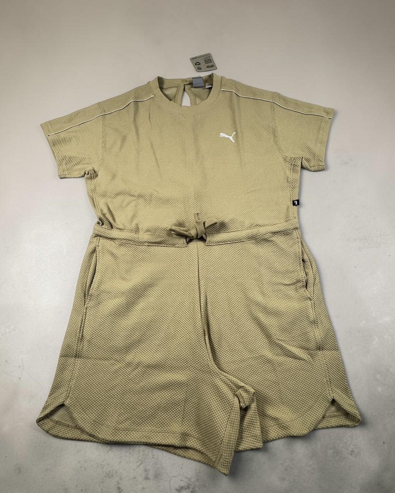 PUMA Women’s Beige Romper M Short Sleeve Crew Neck Drawstring Waist Pockets NWT