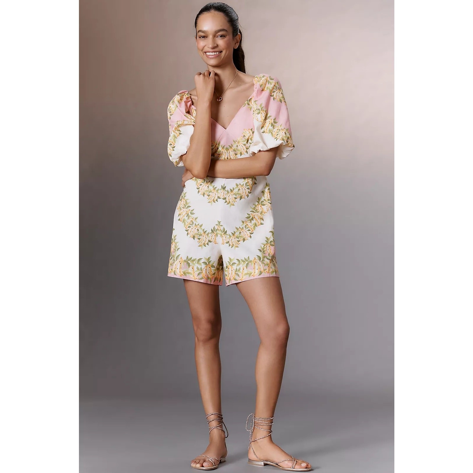 NWT Farm Rio x Anthropologie V-Neck Puff-Sleeve Linen Blend Romper $198 MEDIUM