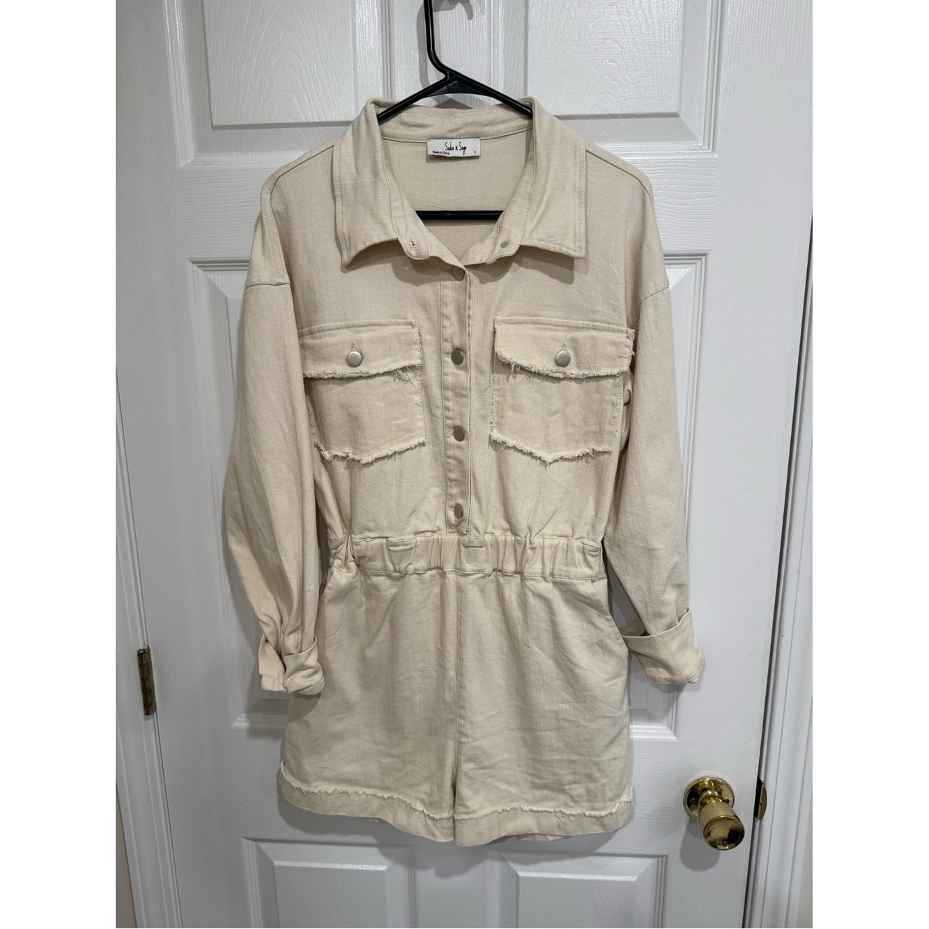 Sadie & Sage Echo’s Sister Distressed Denim Romper Cream Utility Frayed S