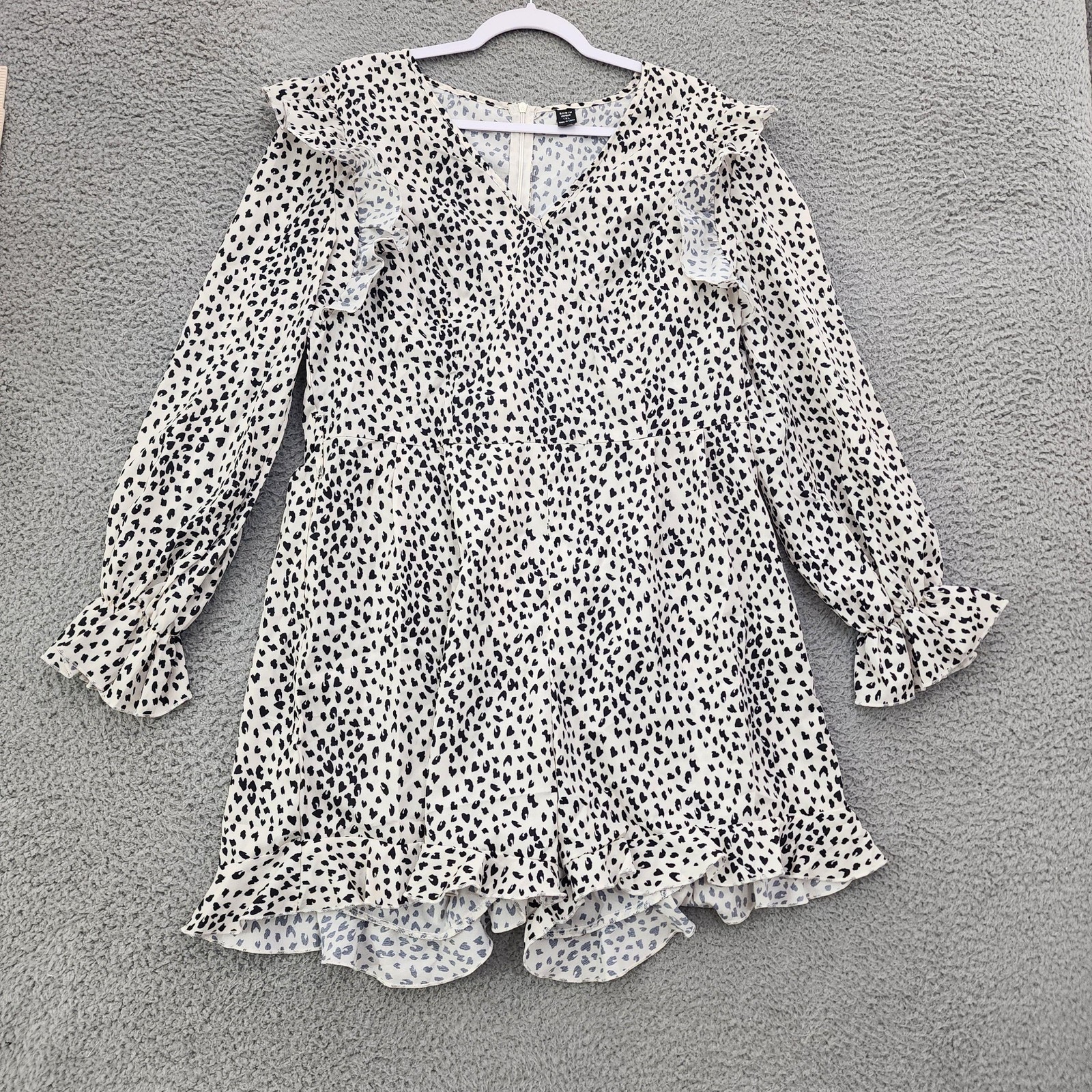 Shein Curve Romper Women 1XL White Black Dalmatian Ruffle Long Sleeve V Neck