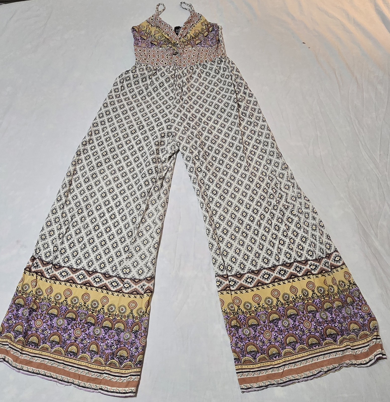 Angie Wide Leg Jumpsuit Sz S Geometric Print, with Keyhole Top, Summer Festival