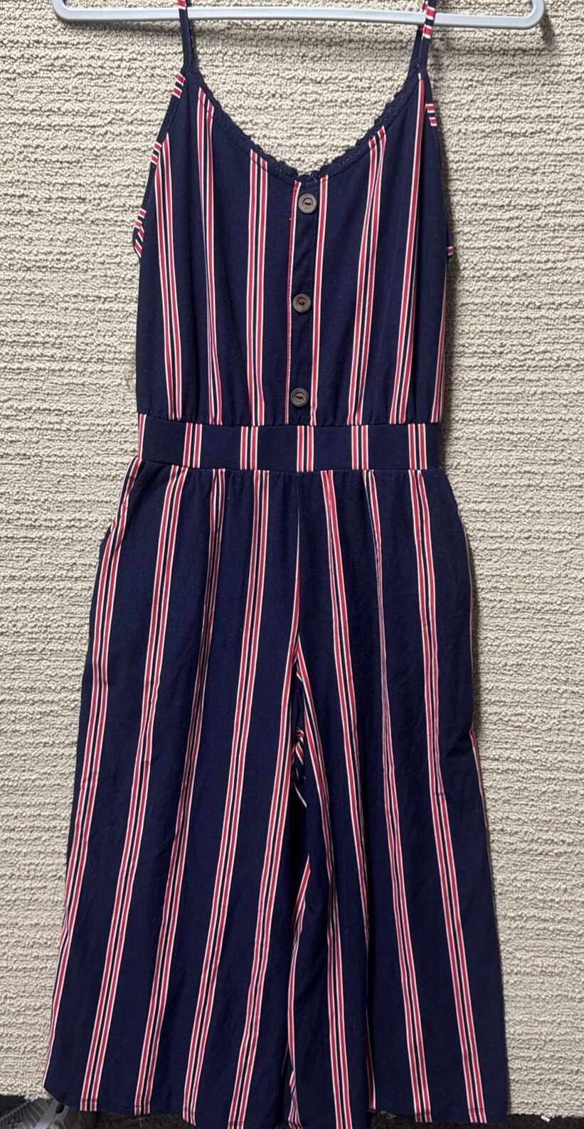 Womens M Strappy Striped Jumpsuit Casual Sleeveless Mid Calf Elastic Boho Chic
