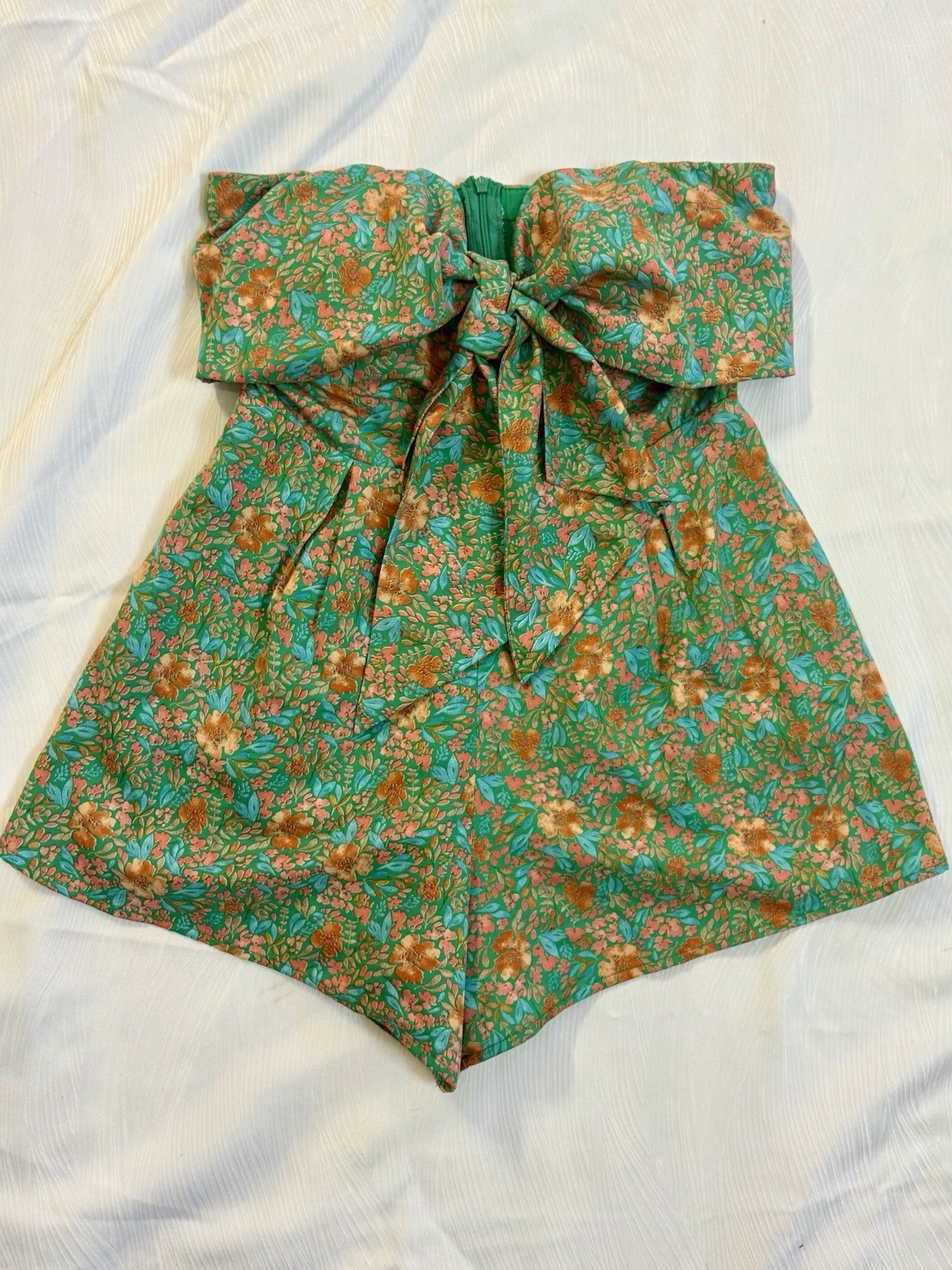 Pink Lily Green Floral Strapless Halter Romper S Bow Front Cottagecore Coquette