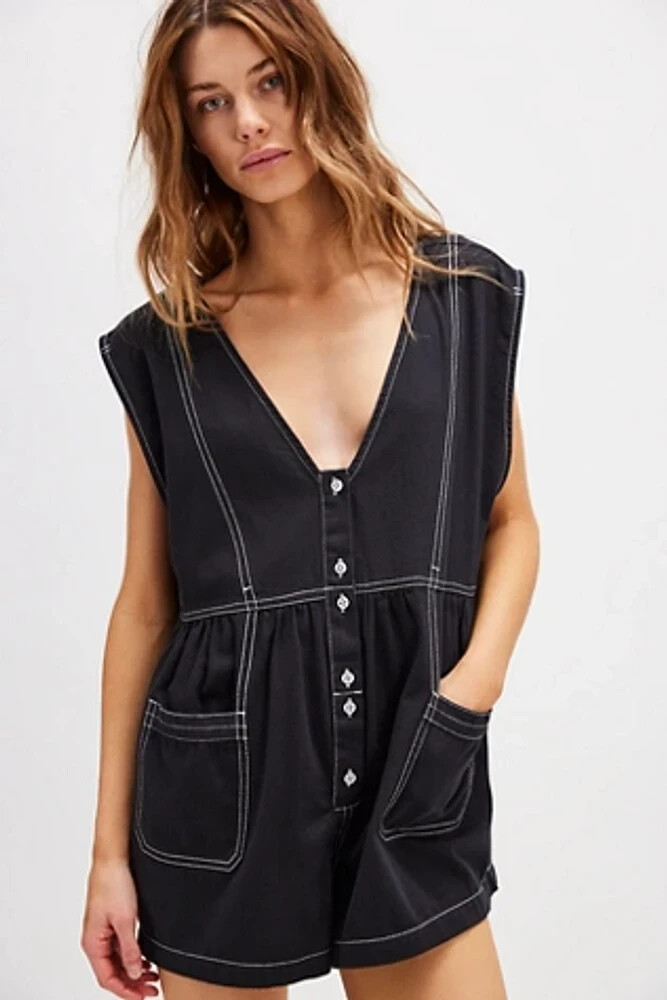 Free People Declan Romper Black V Neck Button Pocket Sleeveless Stitching S NEW