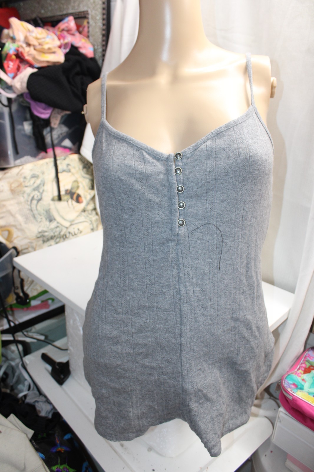 BOZZOLO Gray Ribbed Henley Snap Tank Top Thin Adjust Strap Short Romper S
