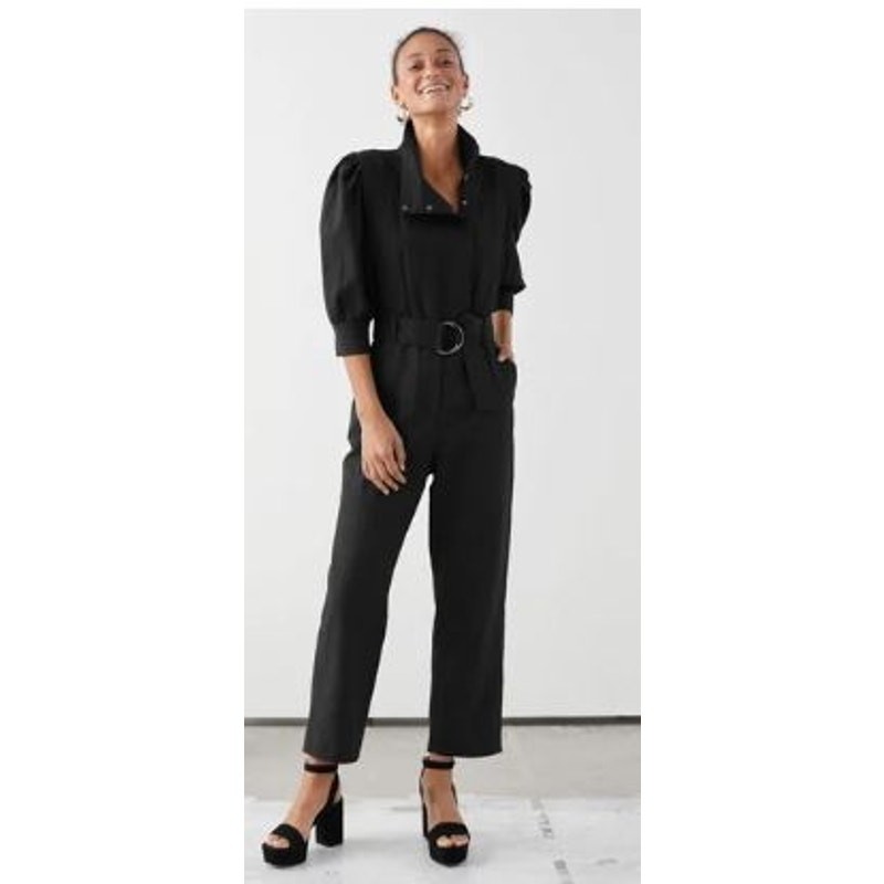 & Other Stories Womens 10 Puff Sleeves Jumpsuit Black Linen Blend Snap Button