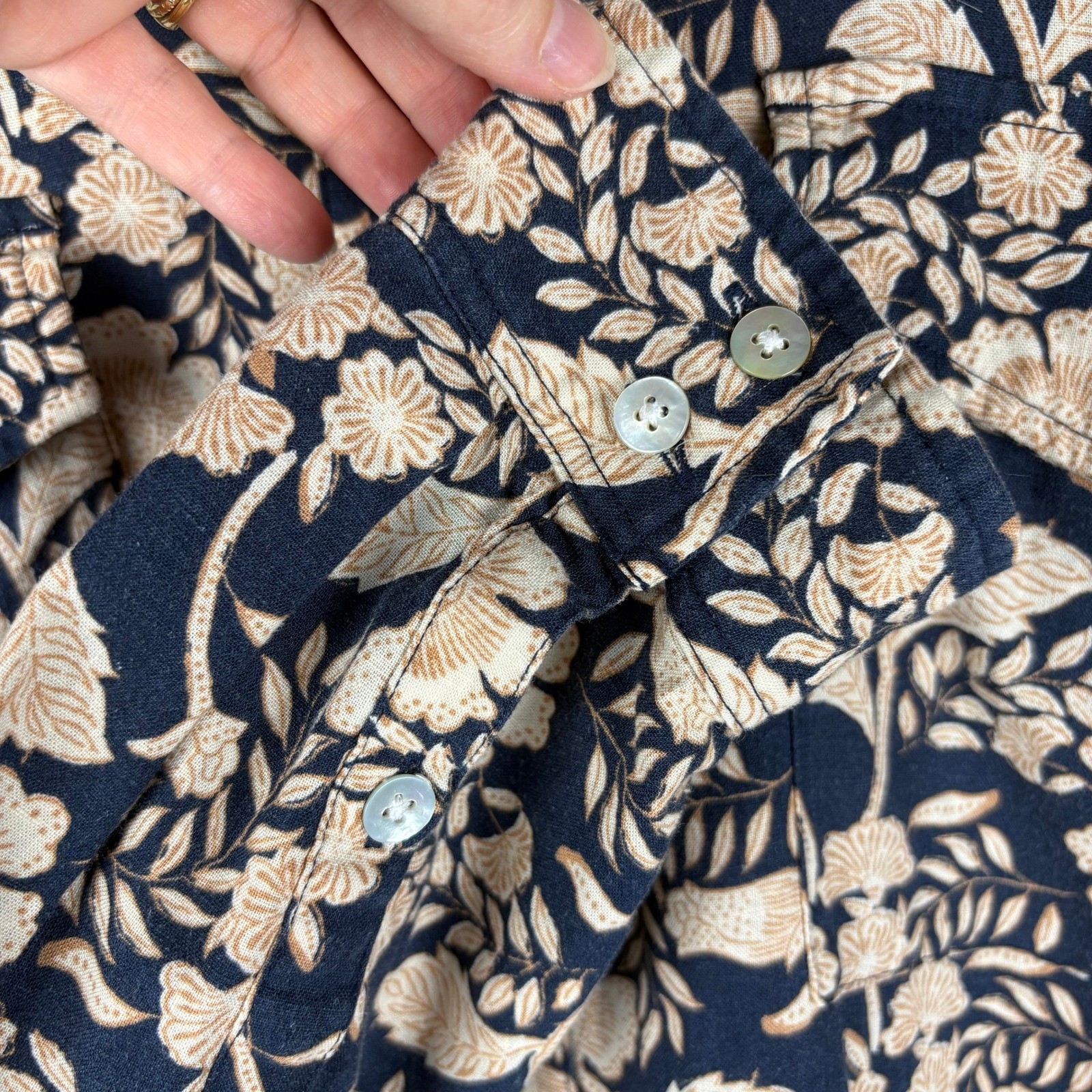 Faherty Savoie Linen Jumpsuit Navy Floral Long Sleeve Boho Coastal Resort Size L