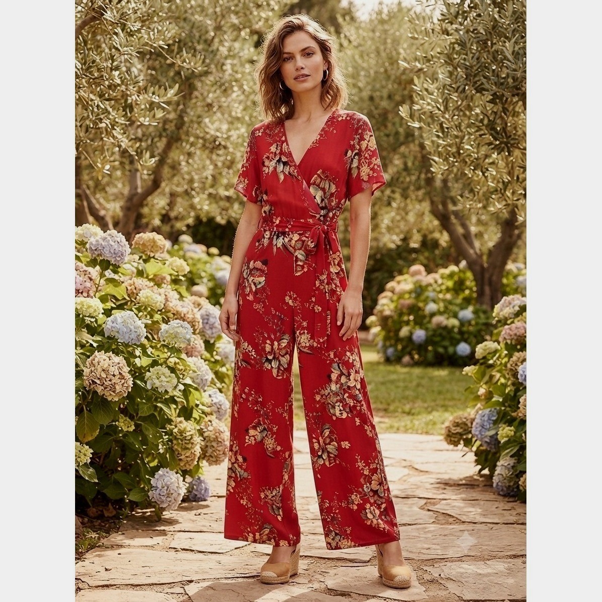 New York Company Red Floral Pantsuit Jumpsuit Stretch V Neck Belted Size Medium