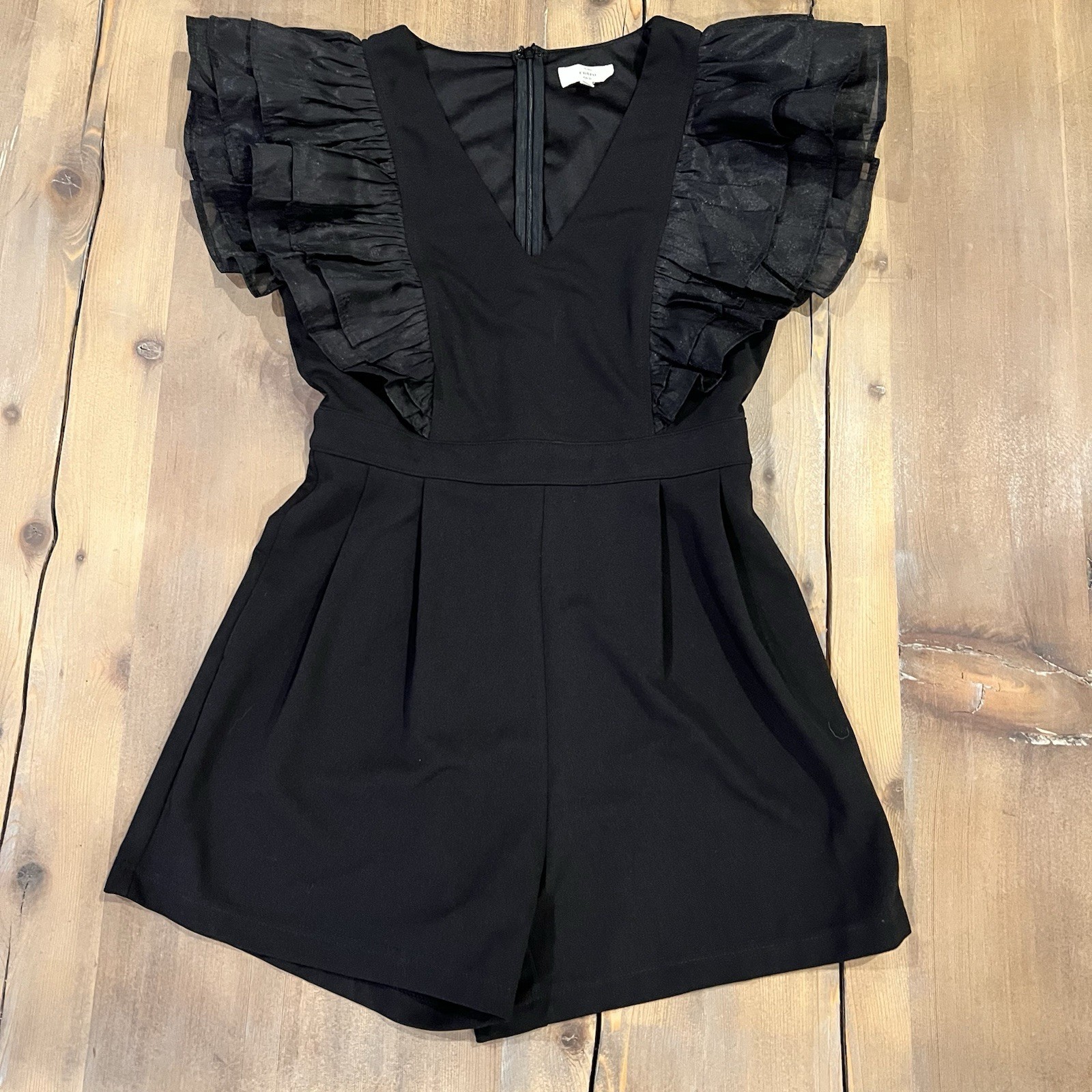 Anthropologie Entro Organza Ruffle Sleeve Zip Back Black Shorts Romper Medium