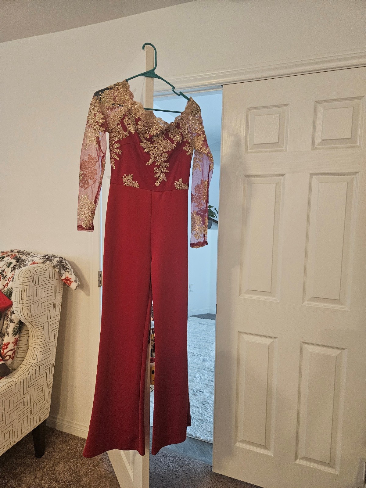 Red Applique Jump Suit with Sheer Arms Gently Used