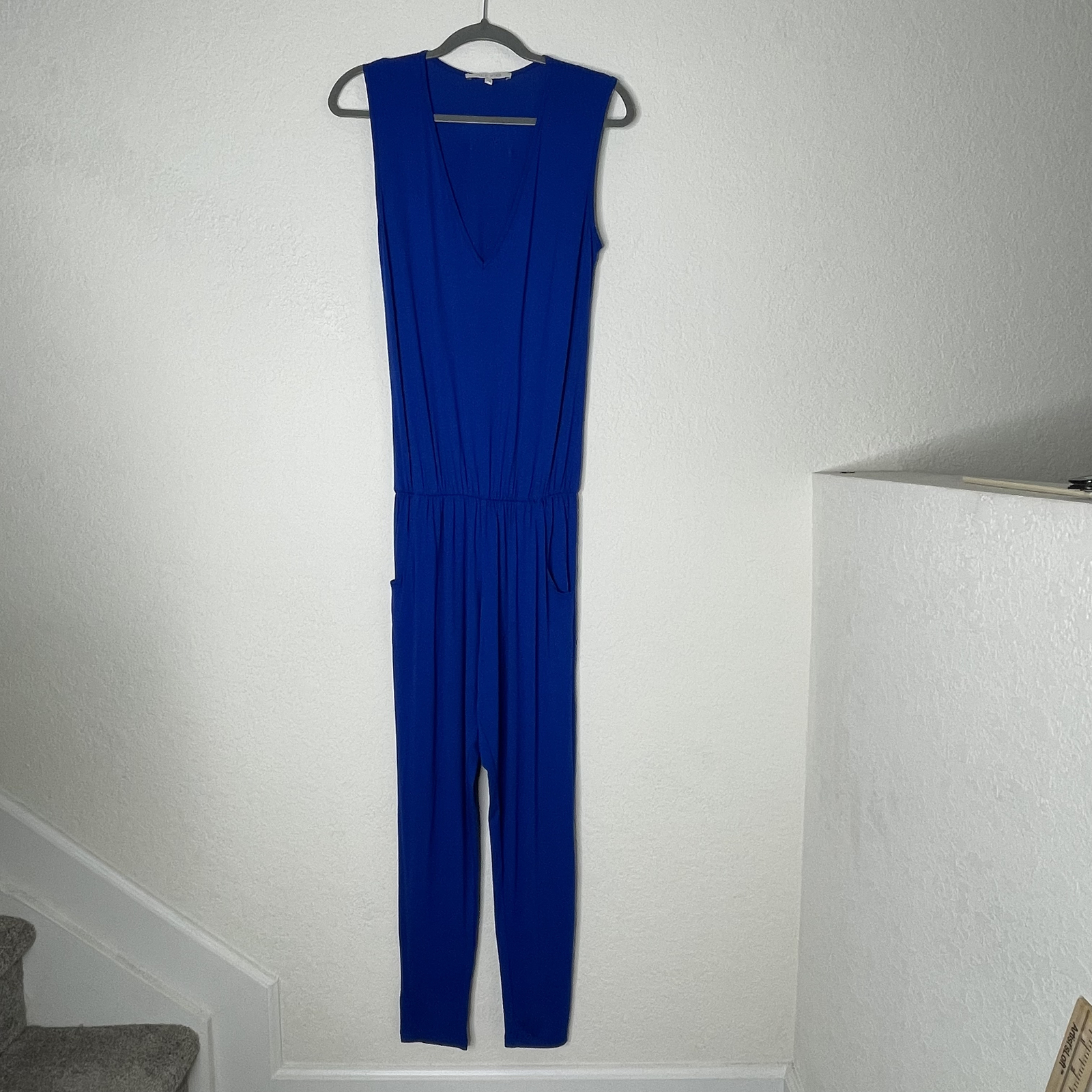 Alexis Blue Sleeveless V Neck Jumpsuit XS Elastic Waist Straight Leg Pockets