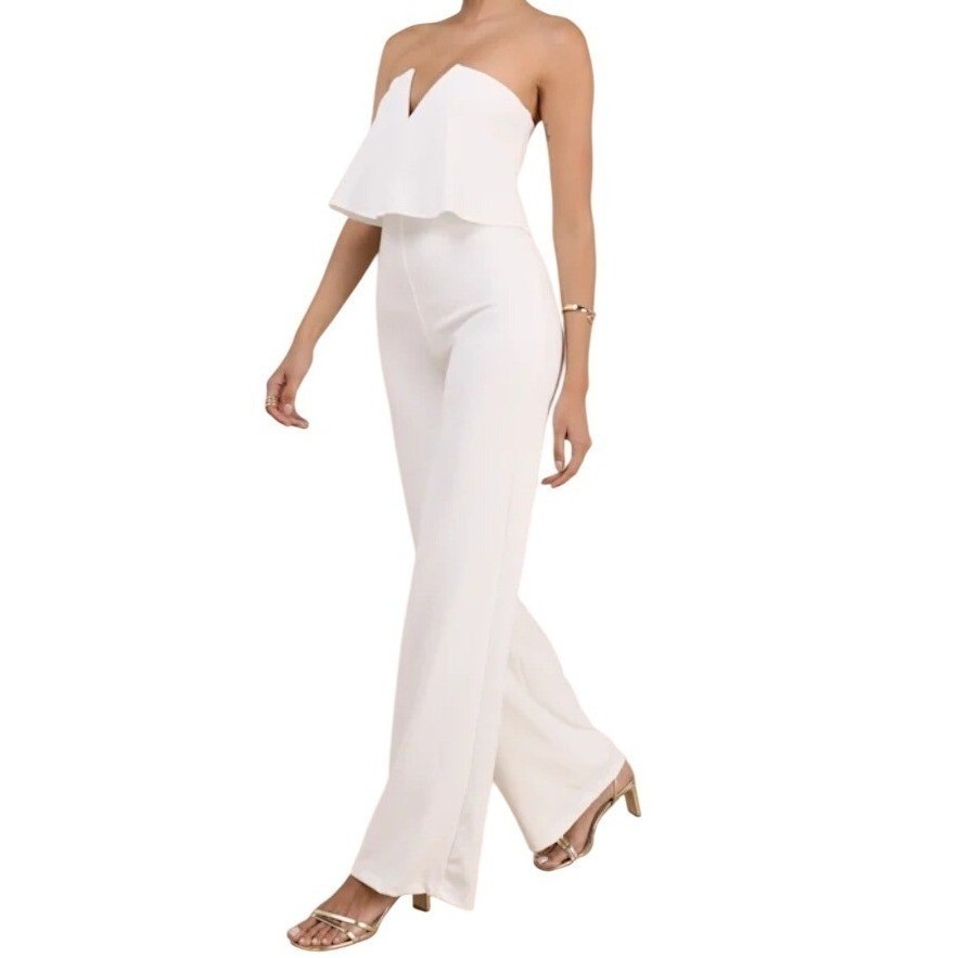 NWT Lulus Power of Love White Strapless Wide Leg Jumpsuit Size L Formal Bridal