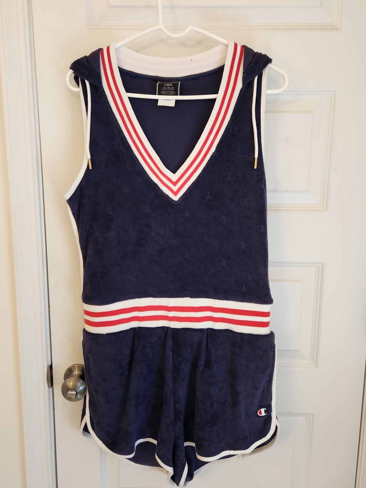 Champion Navy Blue White Red Terry Cloth Hooded Romper Women’s Size L NWT #1388