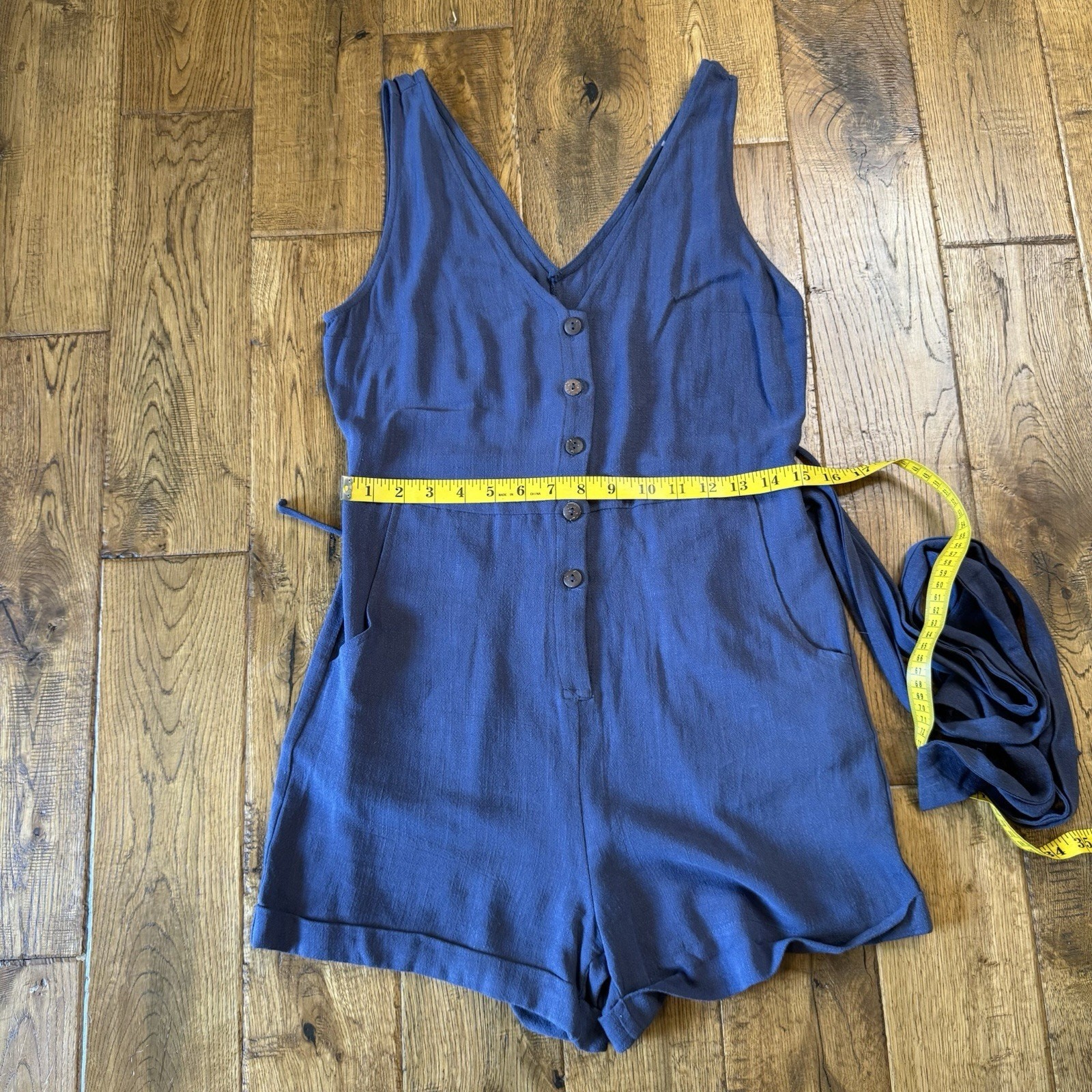 Vici Viscose Linen Blend Belted Romper Sleeveless V-neck Button Down Blue Sz S