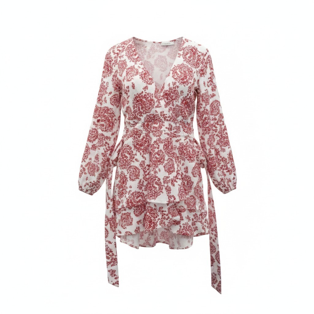 Floral Romper Women’s XXL Red White Long Sleeve Tie Waist Ruffle Hem