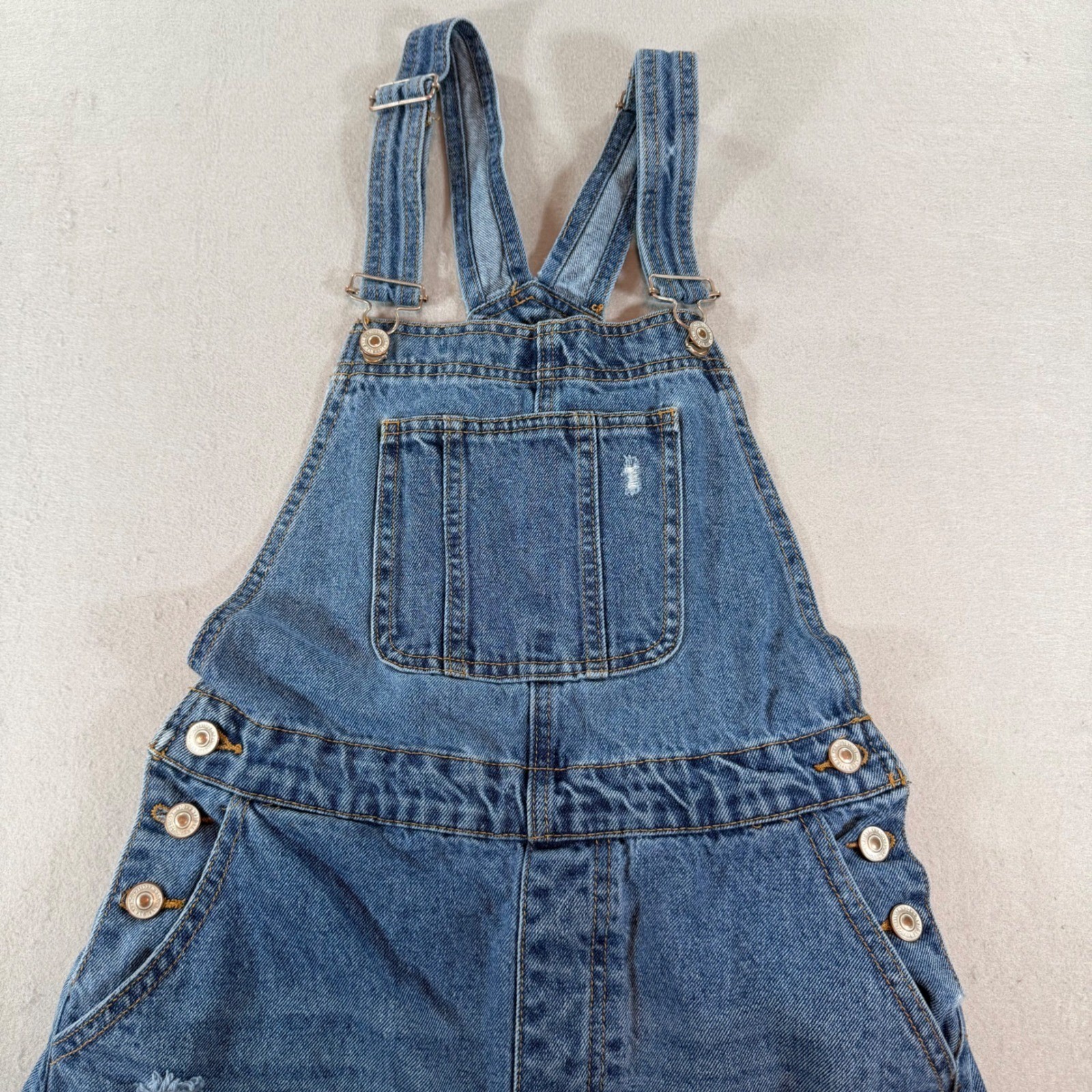 Distressed Denim Overalls Medium Wash Ripped Bib Dungarees Straight Leg