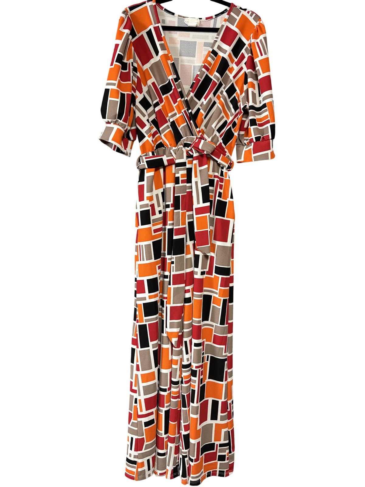 Karen-T Design Jumpsuit Womens 2X Plus Multi Geo Wrap Wide Leg Pockets V Neck