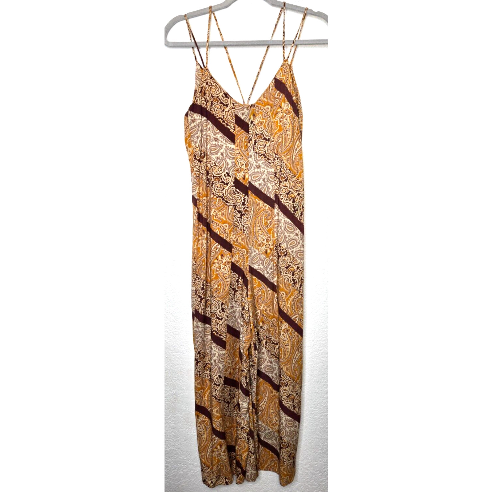 Primark Jumpsuit Womens 6 Brown Gold Paisley Wide Leg Boho Forest Fairy Flowy
