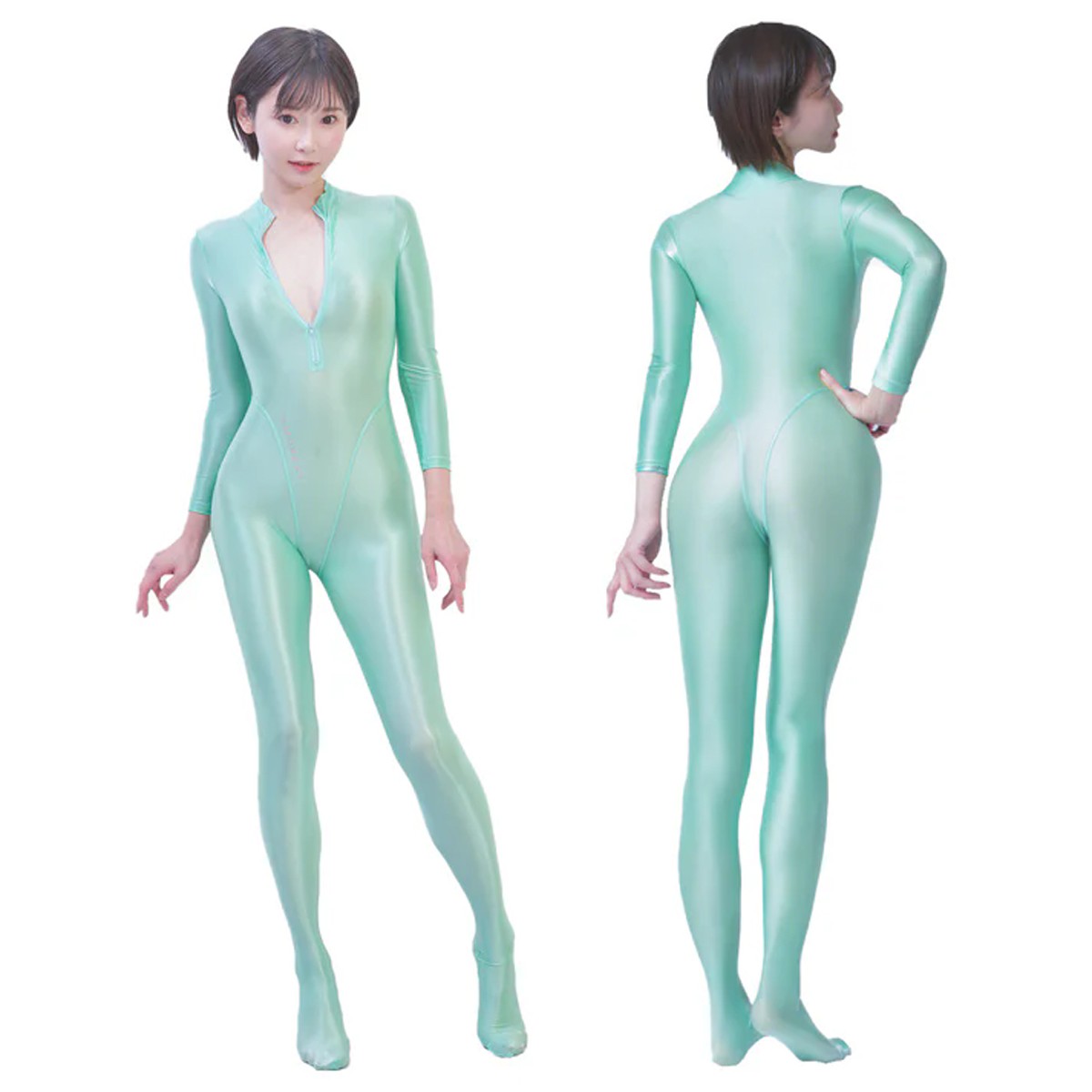 AMORESY Women Glossy Ultra-thin Onepiece Front Zip Jumpsuit Tight Catsuit Zentai