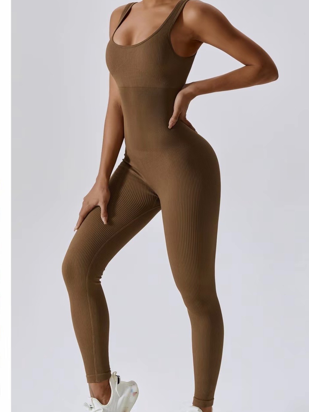 Khaki Sporty Seamless One Piece Crew Neck Tummy Control Jumpsuit Tank Size S