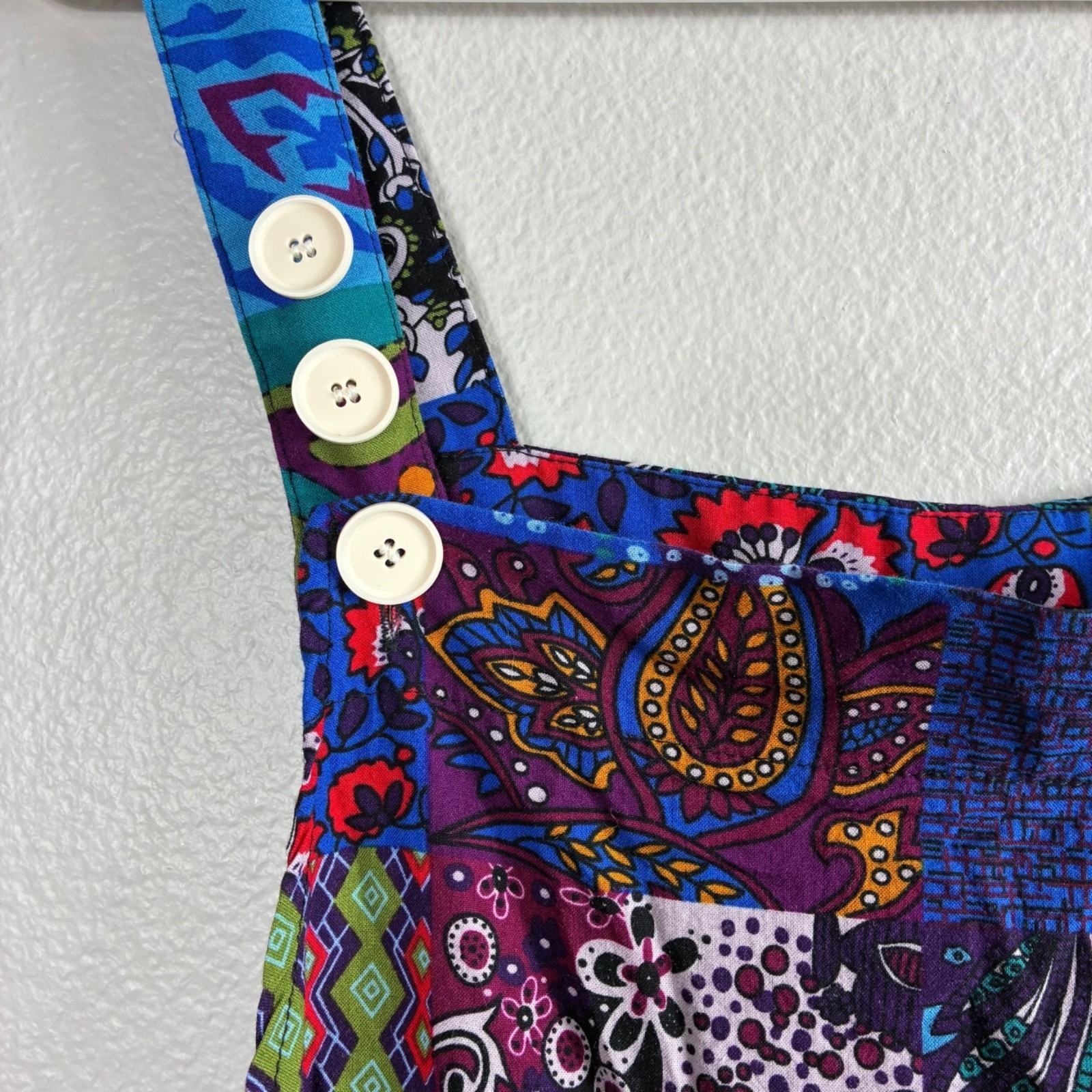 Boho Patchwork Wide Leg Overalls Colorful Whimsical Womens L Adjustable Straps