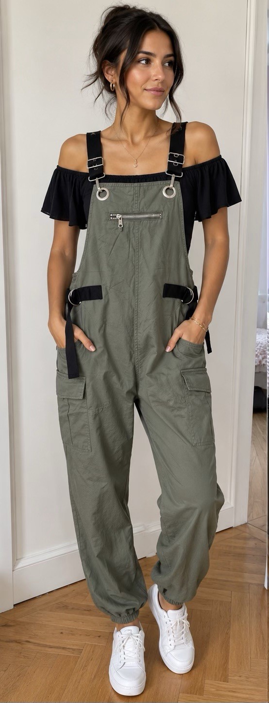 Forever 21 Olive Green Utility Overalls with Black Straps Size Small NWT