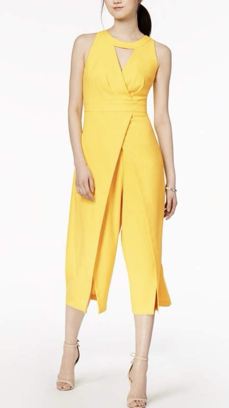 JAX Black Label Yellow Sleeveless Keyhole Wrap Wide Leg Jumpsuit Crew Neck Sz 4