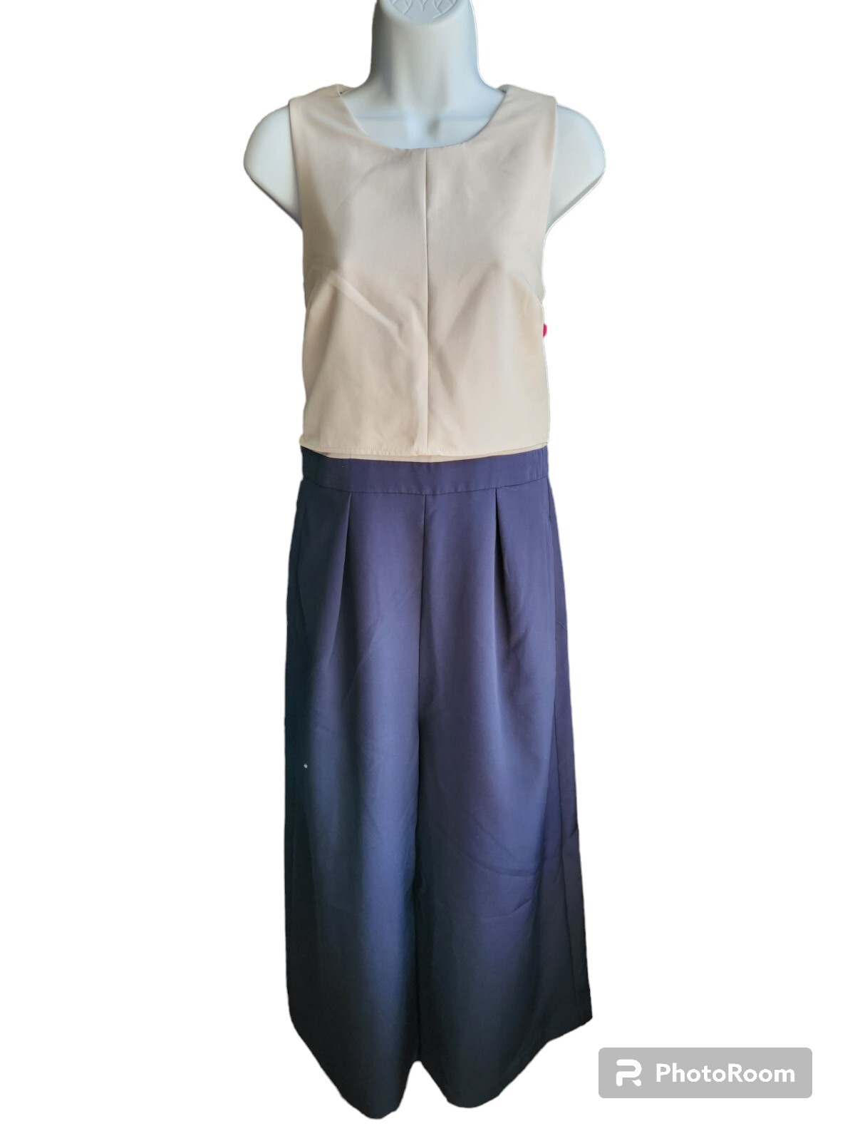 Vince Camuto Cream Navy Blue Jumpsuit Size 8