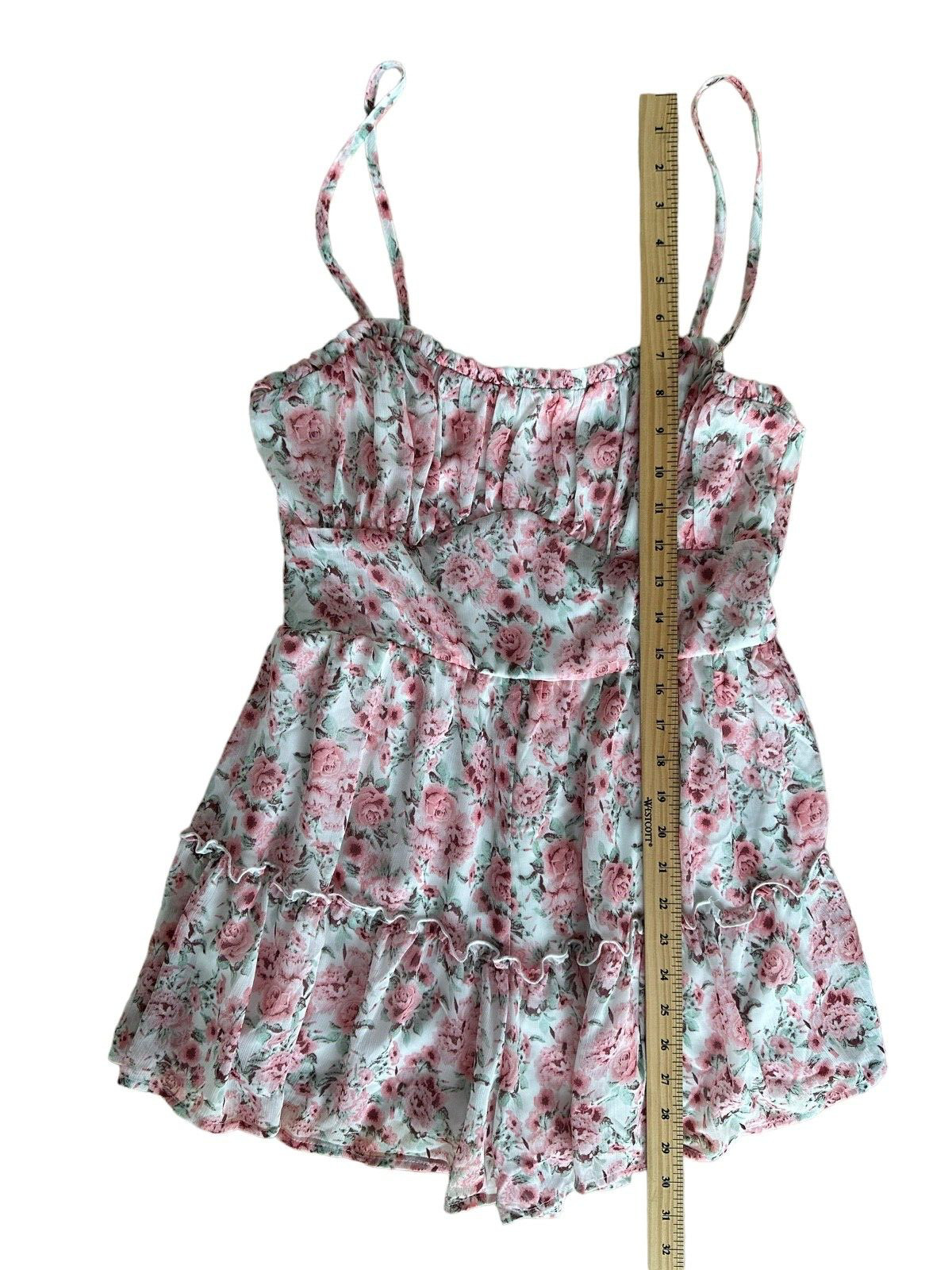 TRIXXI Junior’s Floral Romper Flare Ruffle Lined Size L White w/ Pink Flowers
