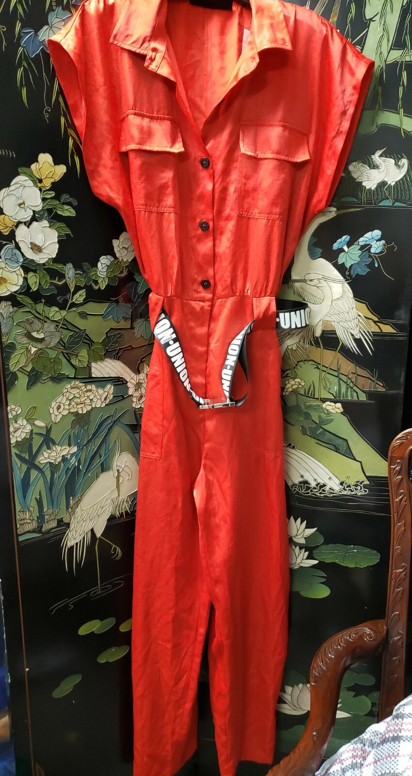 Stunning Gabrielle Union NY&Co Red Jumpsuit & Belt silky shinny