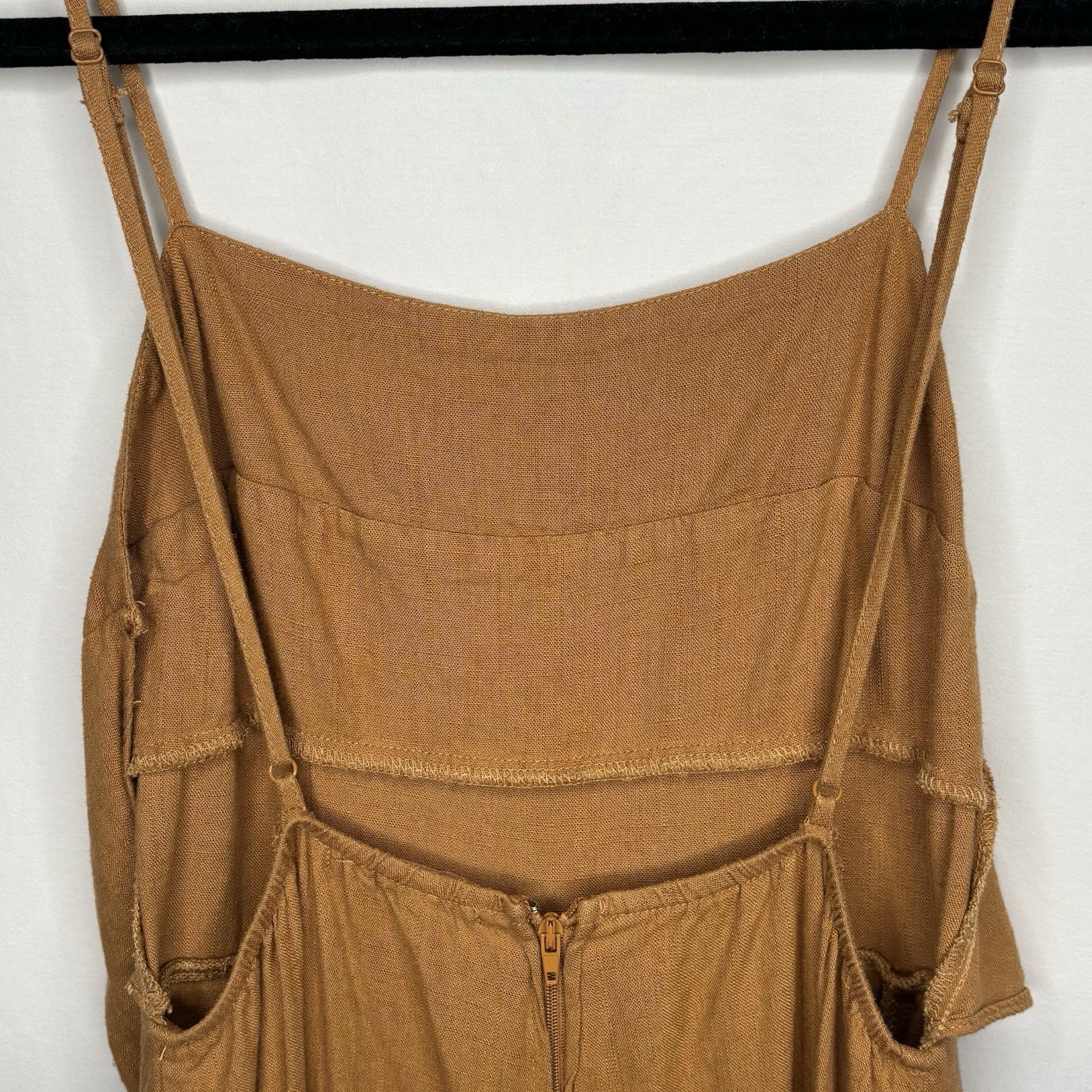 Audrey Parks Francescas Mustard Tan Linen Wide Leg Tie Back Resort Jumpsuit XS