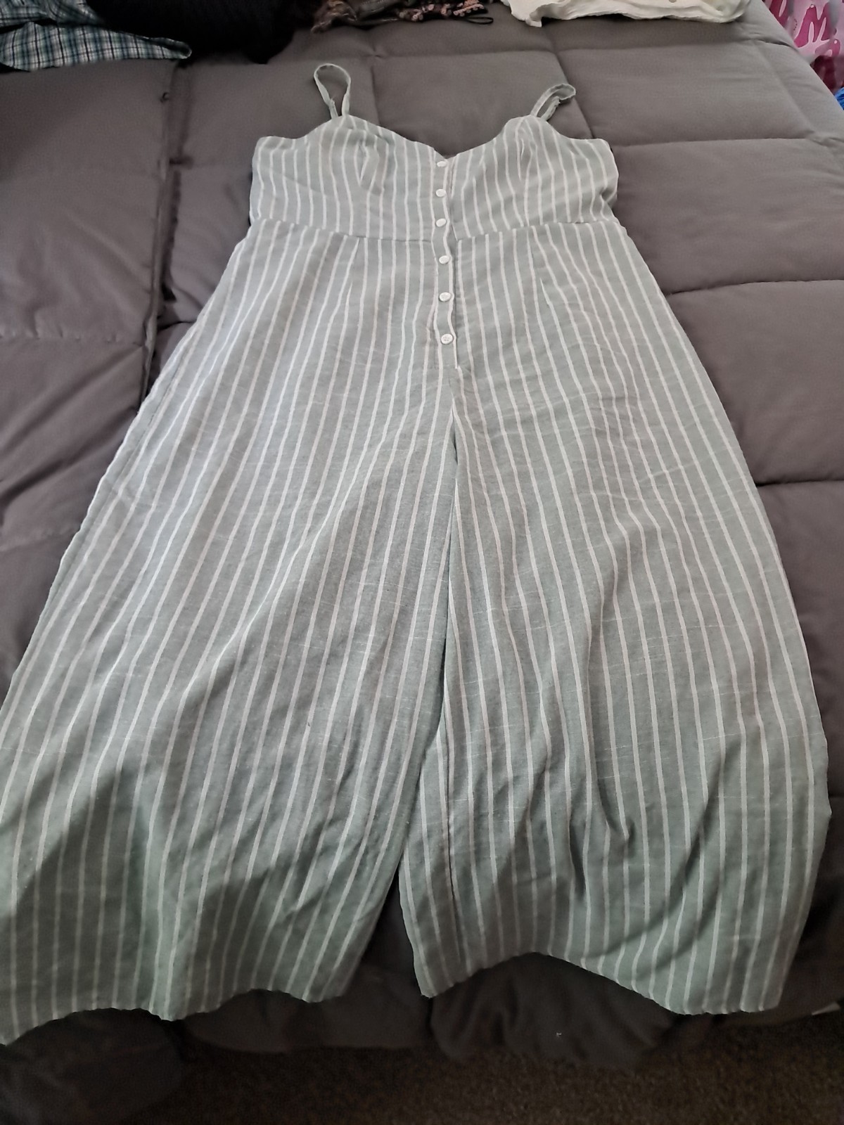 Women’s Summer Jumper. Sz14 Fully Lined. Sage Grn Cream Strips Adjustable Straps